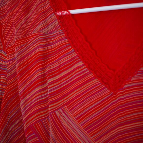 Sheer Red Swirl Silk Blouse Richard Malcolm Bell Sleeve V Neck L | True Spring - Picture 4 of 9